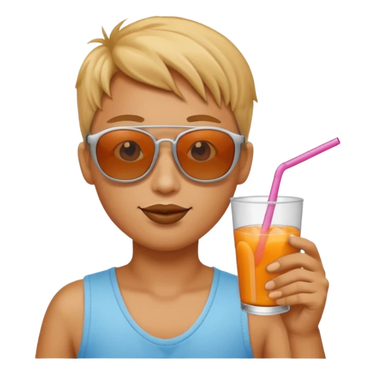 Sun is wearing sunglasses and drinking juice with stra sticker