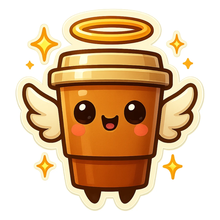 Tall coffee cup, shiney eyes, angel halo, wings, star sparkles sticker