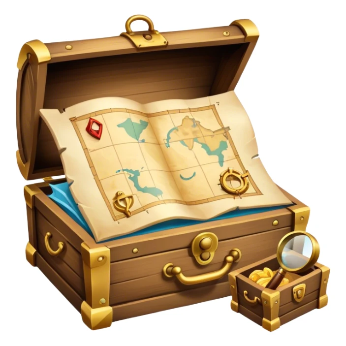 An icon depicting a treasure map with an open chest, surrounded by clues and mysterious symbols. A magnifying glass hovers over the map, symbolizing the thrill of discovery and adventure. Set on a transparent background, it should evoke the excitement of solving puzzles and exploring new worlds. sticker
