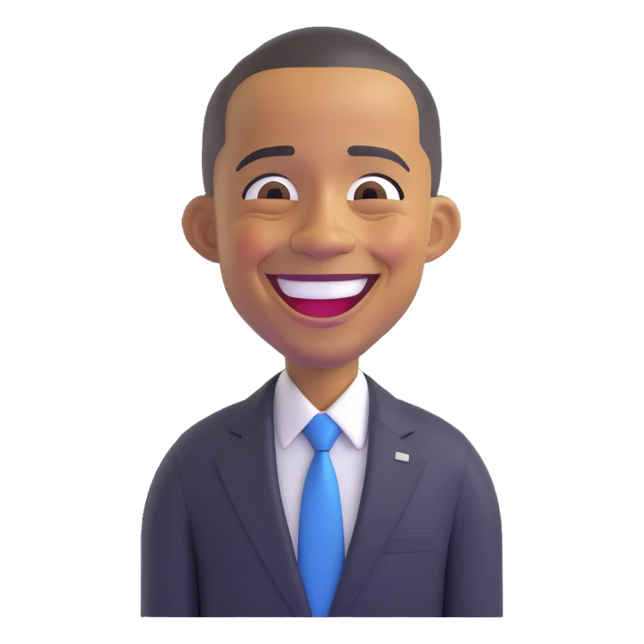 Barack Obama as an emoji, laughing, with expressive eyes and a suit sticker