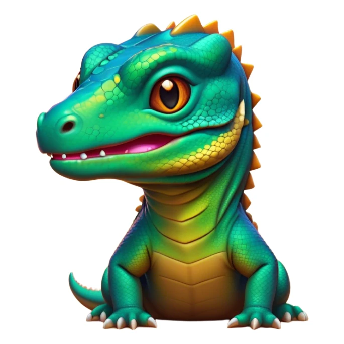 Cinematic Cute Komodo Dragon Lizard Portrait Emoji, Head tilted playfully and inquisitively, with a sleek, scaled form accented by vibrant hues and curious, sparkling eyes, Simplified yet irresistibly adorable features, highly detailed, glowing with a warm, lively glow, high shine, affectionate and spirited, stylized with a touch of exotic charm, bright and endearing, soft glowing outline, capturing the essence of a mischievous yet captivating lizard that seems poised to scurry out of the screen into your heart! sticker