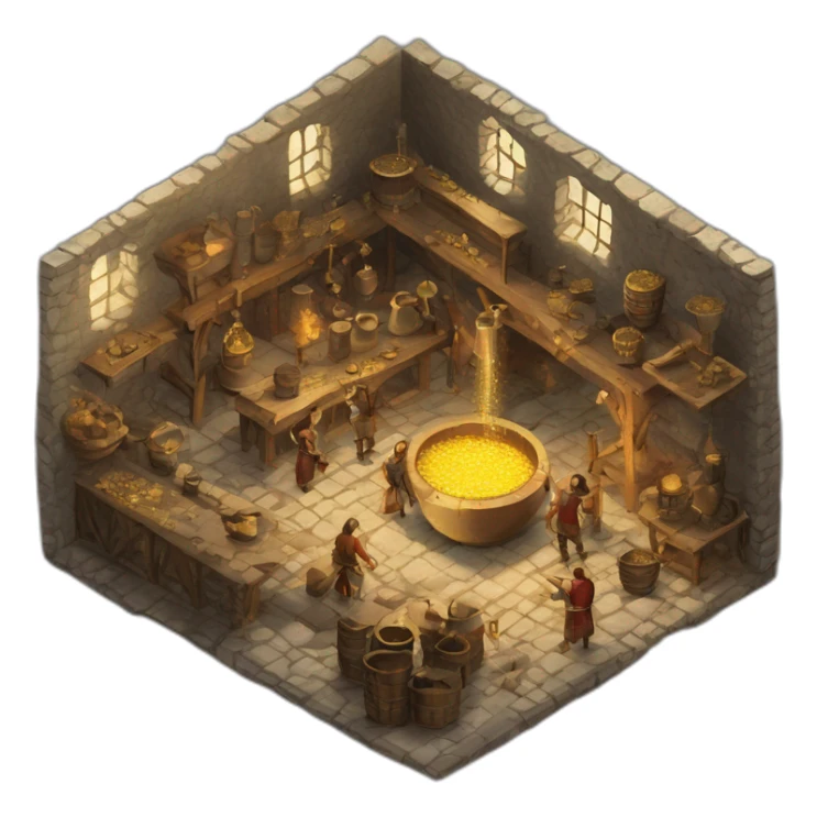 open floor plan of a medieval mint showing different people working, one person on the furnace, some people molding liquid gold into coins sticker