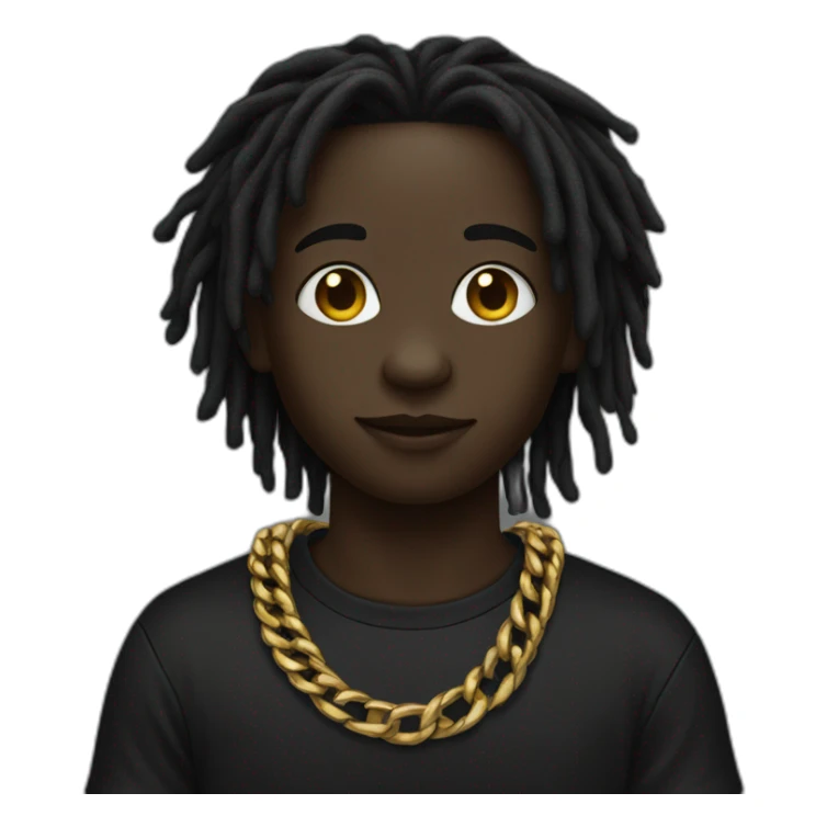 A dark skin boy with dreads black shirt wearing a gold chain sticker