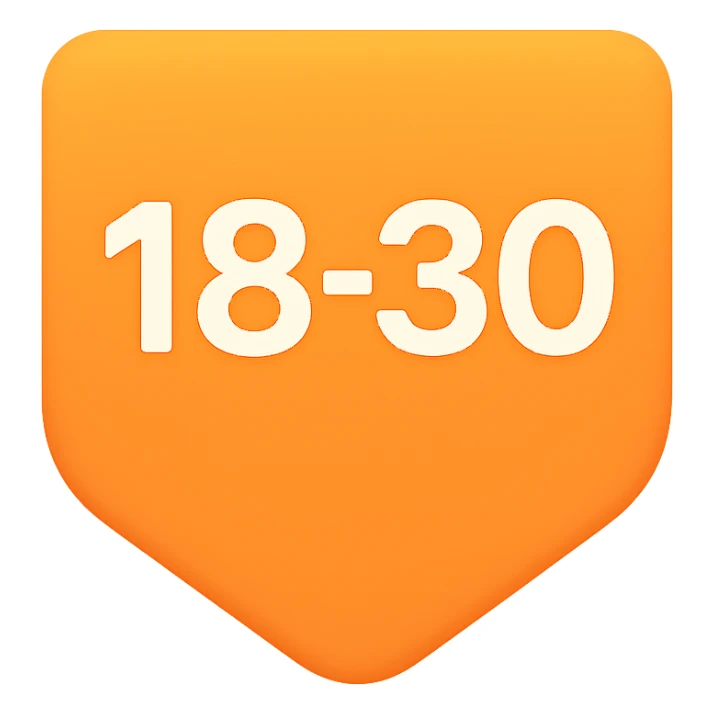 Discord role icon for ages 18-30, simple badge or shield with '18-30' text, vibrant and friendly style sticker