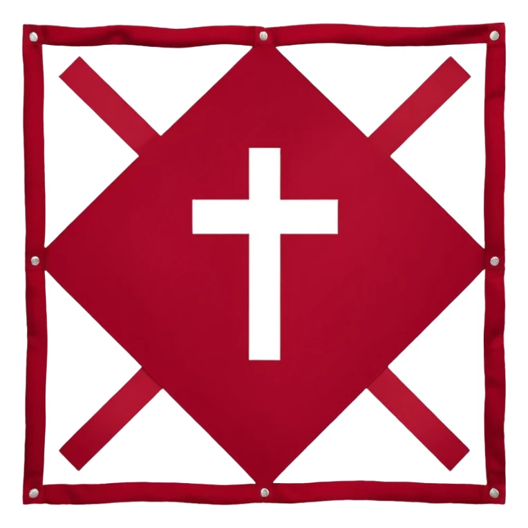 Bandera rectangular con fondo blanco liso. En el centro, una cruz de Borgoña en forma de aspa diagonal, hecha de dos ramas desgajadas con nudos y bordes irregulares. Color rojo oscuro intenso. Estilo plano y heráldico, sin sombras, sin texturas, sin texto ni elementos adicionales. sticker