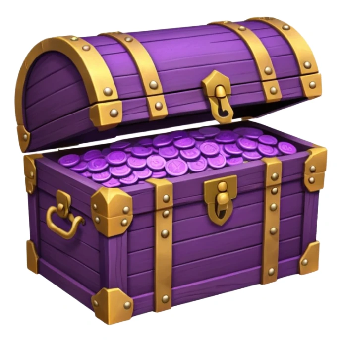 wooden brown treasure chest filled with  purple coins pack in gradient sticker