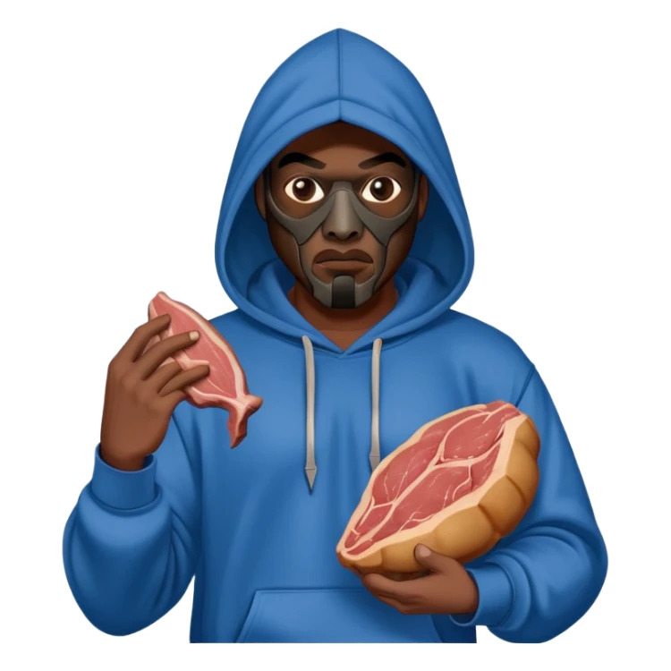 MF DOOM in a blue hoodie holding a piece of meat sticker