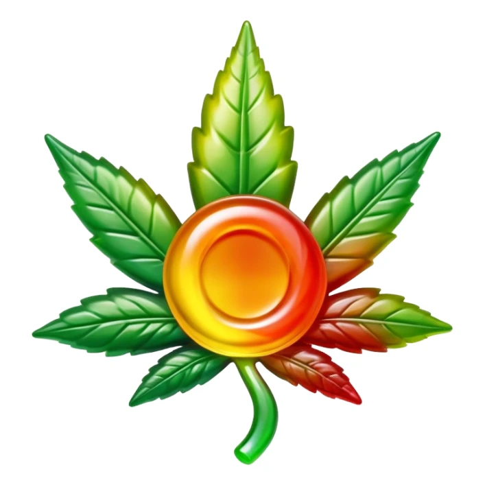 colorful shiny gusher gummy shaped like a cannabis leaf with a bite mark showing the liquid center sticker