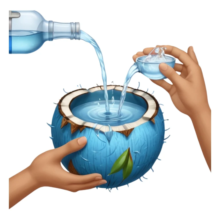 An uncut coconut with water being poured over it with hands cupping water sticker
