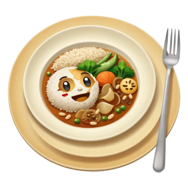  dirty plate after eating, leftover food scraps, vegetable pieces, rice grains, sauce stains on the plate, fork and spoon placed beside the plate, no face, no character, no human features, realistic food leftovers, clean and simple background, soft lighting, high quality, emoji style sticker