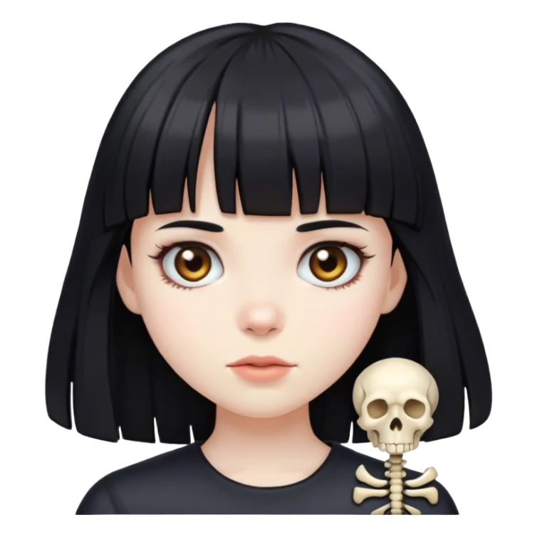 girl with black hair with bangs and a bones clip sticker