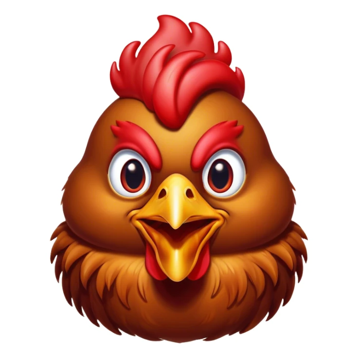 Cinematic Comical Brown Chicken Portrait Emoji, Head tilted dramatically with an exaggeratedly amused expression, featuring a striking, glossy brown plumage with a vibrant red comb, wide, expressive beady eyes filled with playful disbelief, Simplified yet hilariously expressive features, highly detailed, glowing with a slightly sassy glow, high shine, dramatic yet playful, stylized with an air of cheeky mischief, bright and endearing, soft glowing outline, capturing the essence of a spirited and over-the-top chicken, so meme-worthy it feels like it could cluck its way into internet fame instantly! sticker
