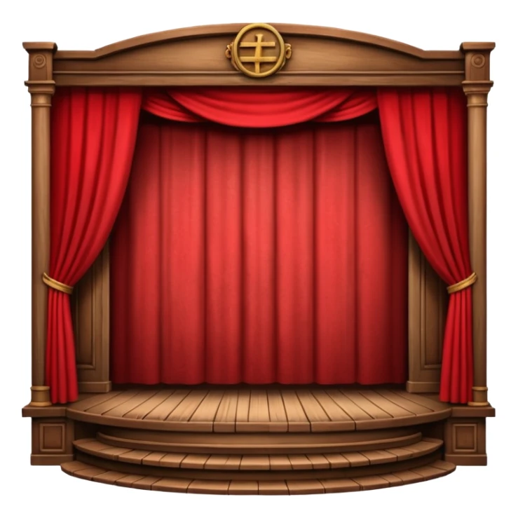 A wooden theater stage with red curtains slightly parted. sticker