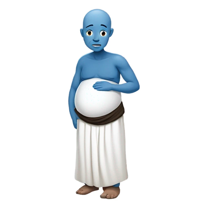 a blue skinned man with a stoic expression , pregnant, rubbing his belly. Bald. Side profile like the pregnant male emojji, cartoonishly simple face, they are rubbing the belly like a pregnant mother, side profile sticker