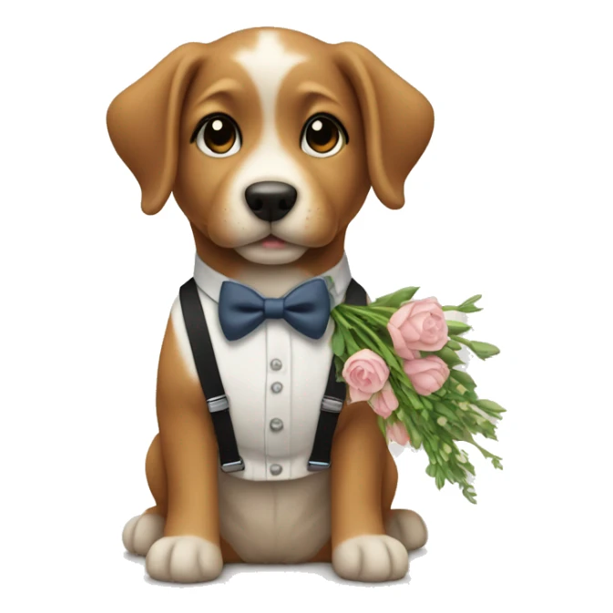 a puppy in suspenders holding a bouquet sticker