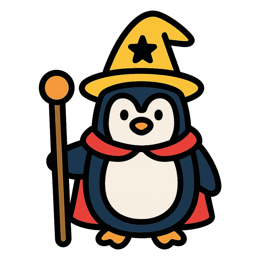 color outline icon of a penguin wizard with a staff sticker