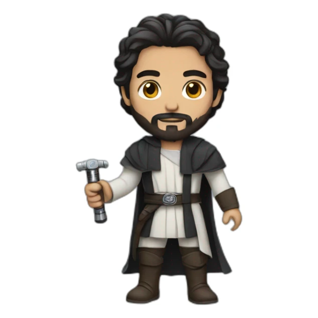 A white Portuguese with black and medium-length hair and a beard holding a lightsaber sticker