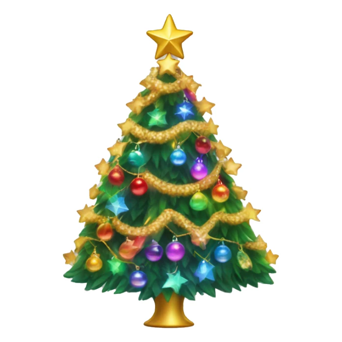 fancy christmas tree with rainbow lights, ornaments, and golden garland strans with a star on top sticker