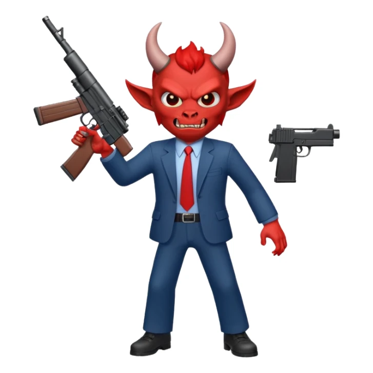 A Demon from hell that is dressed like a fbi agent with a machine gun, full body pointing the machine fun to the left. In the style of your be sticker