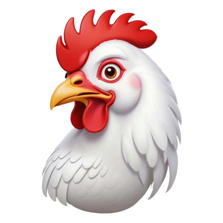 Cinematic Comical White Rooster Portrait Emoji, Head tilted dramatically with an exaggeratedly shocked or amused expression, featuring a striking pure white plumage with a bold red comb, wide, expressive eyes filled with playful disbelief, Simplified yet hilariously expressive features, highly detailed, glowing with a slightly sassy glow, high shine, dramatic yet playful, stylized with an air of cheeky mischief, bright and endearing, soft glowing outline, capturing the essence of a spirited and over-the-top rooster, so meme-worthy it feels like it could crow its way into internet fame instantly! sticker
