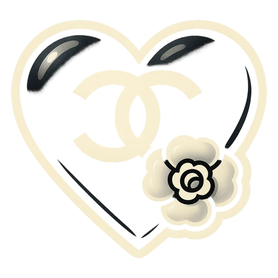 Chanel heart, playful, black and white, with a camellia flower sticker