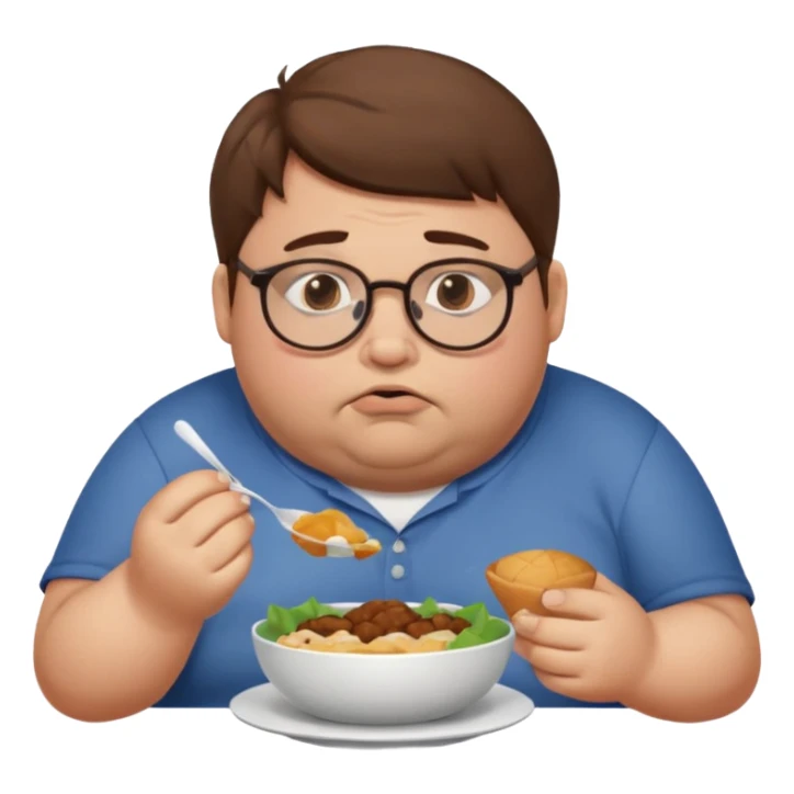 Fat sad guy with brown hair and glasses eating food sticker