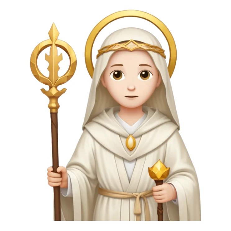 a saint dressed in robes with a staff and halo sticker