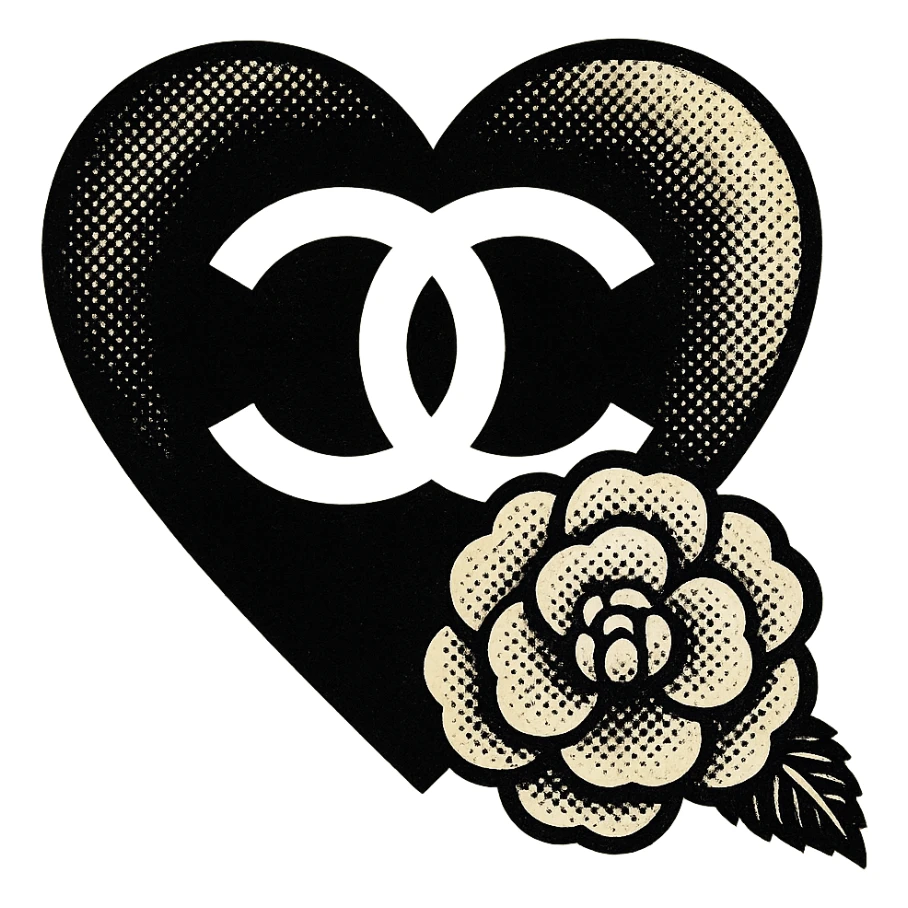 Chanel heart with camellia flower, old school comic book style, bold lines, black and white sticker