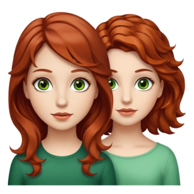Two girls : one with red hair medium and wavy, brown eyes with long eyelashes and white skin. The other with wavy brown hair medium, green eyes with long eyelashes and tan  sticker