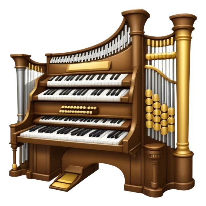 Create an elegant and majestic emoji representing a classical organ. The design should feature the grand pipes of the organ in the background, with visible details of the keys and pedalboard in the foreground. The pipes should be tall and impressive, with a mixture of gold, silver, and metallic shades to emphasize the grandeur of the instrument. The keyboard and pedals should be well-defined, capturing the intricate craftsmanship of the organ. Use dark wood tones and gold accents for the body of the instrument to give it a rich, historic feel. Add subtle musical notes around the organ to evoke its deep, resonant sound. The background should be transparent. sticker