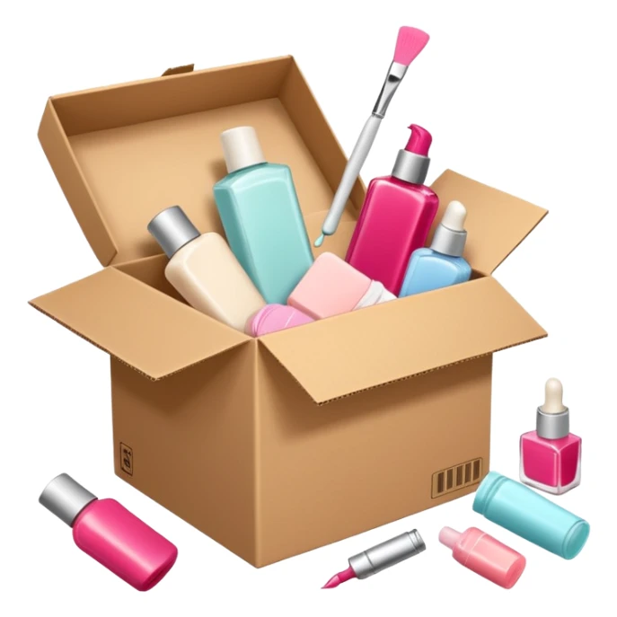 a cardboard box with assorted beauty products like compact, lotion, and nail polish spilling out with a blue background, variation 2 sticker
