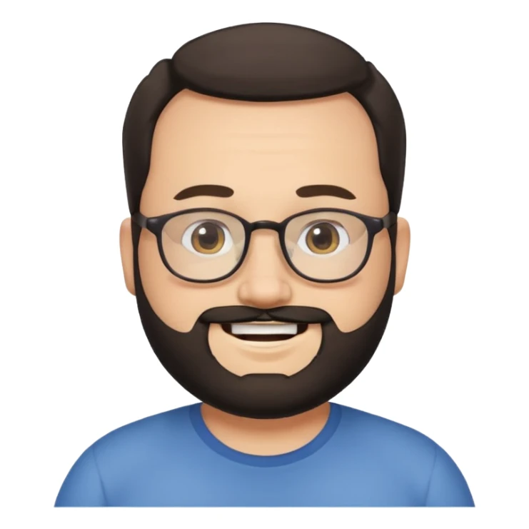 receding hairline, chubby face, with glasses and black beard sticker