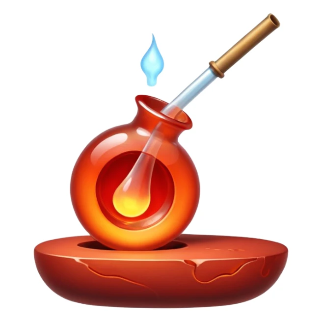 Glassblowing and casting icon, molten glass being shaped into a delicate object with a blowpipe, glowing red-hot glass being poured into a mold, unfinished glass sculpture, minimalistic style, clean lines, transparent background. sticker