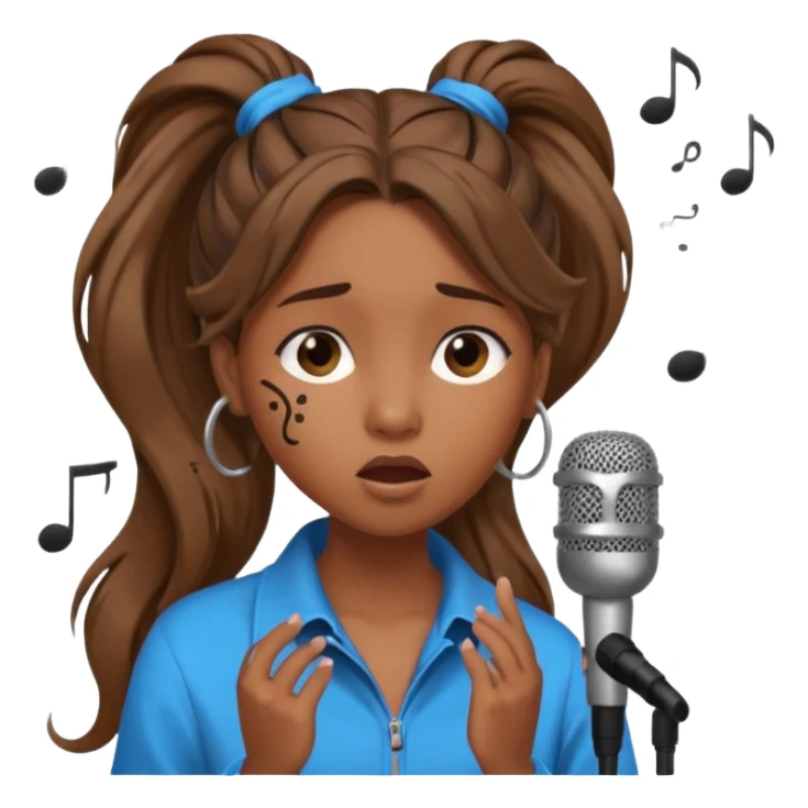 Brown skin girl with a long ponytail singing into a microphone looking sad with music notes coming out sticker