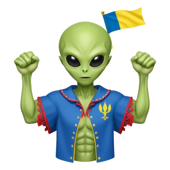 Green alien in Shirt 👚 vyshyvanka, white with red embodiary on sleeved, with 🇺🇦 Ukraine flag in a hand and 💪 sticker