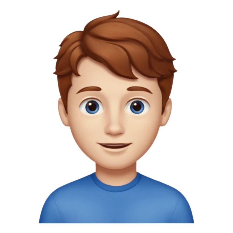 Please generate a portrait of a boy. He has wavy, light brown to reddish-brown hair, a right side parting, slightly longer sideburns, blue eyes, a snub nose, and a rather pronounced, strawberry-red pout. He is smiling. sticker