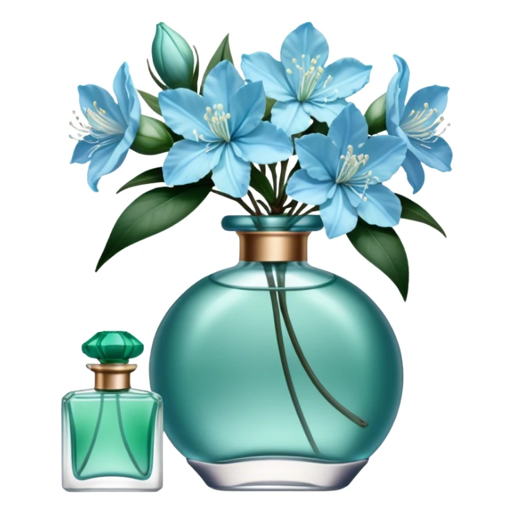 Aesthetic ensemble of soft blue azaleas alongside a charming vintage green perfume bottle.
 sticker