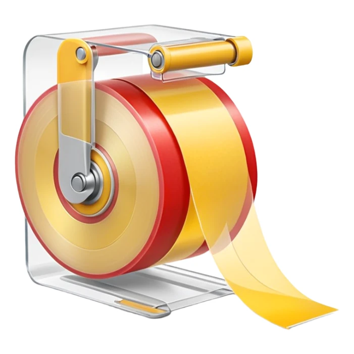 small roll of clear adhesive tape with glossy finish on simple white plastic dispenser with curved cutting edge, roll partially used with strip slightly lifted and curved, no box or extras, apple emoji style, soft lighting, subtle shadows, transparent background, emoji scale sticker