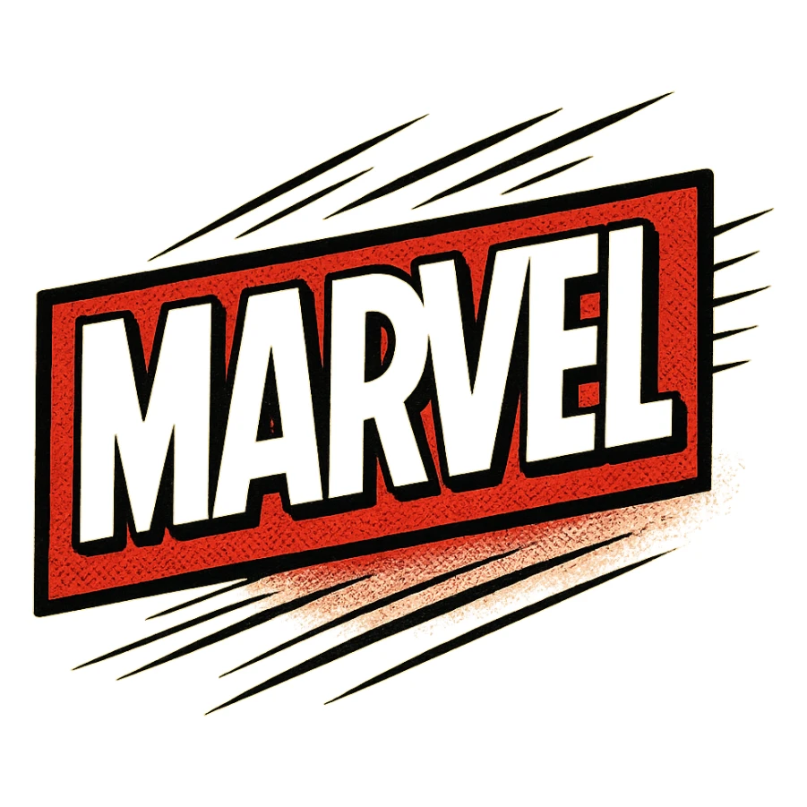 logo inspired by Marvel, modern comic book style, red and white color scheme, impactful design sticker