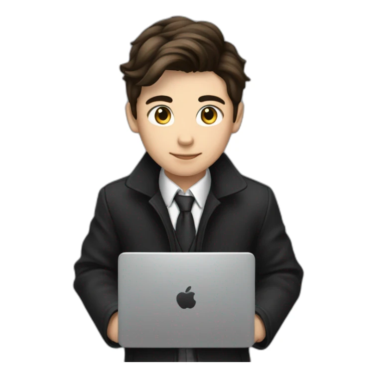 Classy programmer, 13 years old, coat, formal outfit, pc in hands, brunette boy, uses pc stays on pc, black coat, has pc in hands, all body see sticker