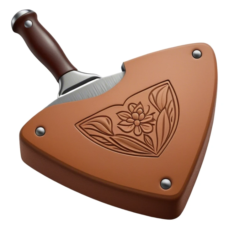 Leatherworking icon, beautiful piece of raw leather with started engraving, engraving tool or chisel, stamp or press, textured surface, minimalistic style, clean lines, transparent background. sticker