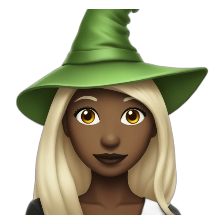 Cynthia Erivo with green skin and a witch hat sticker