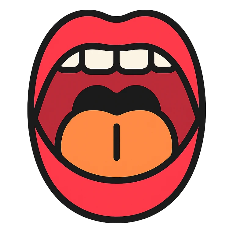 Schematic open mouth with visible tongue, symbolizing speech articulation and sound practice. Vector style, clean and sharp lines. Include realistic shadows and light reflections for depth. Minimalistic, educational design. Transparent background. High contrast between tongue, teeth, and lips for clarity. Flat illustration with soft shading, suitable for speech therapy materials sticker