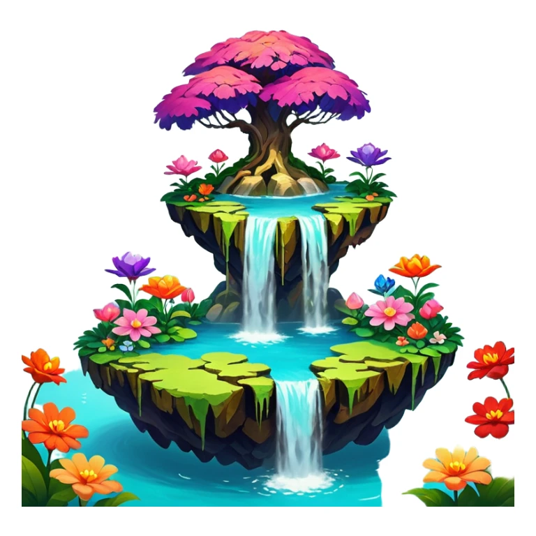 a surreal floating island with vibrant gardens, cascading waterfalls, and oversized flowers. bright, saturated colors, thick oil paint textures, whimsical and dreamlike atmosphere. soft, blended brushstrokes create a lush, inviting environment full of life and color. sticker