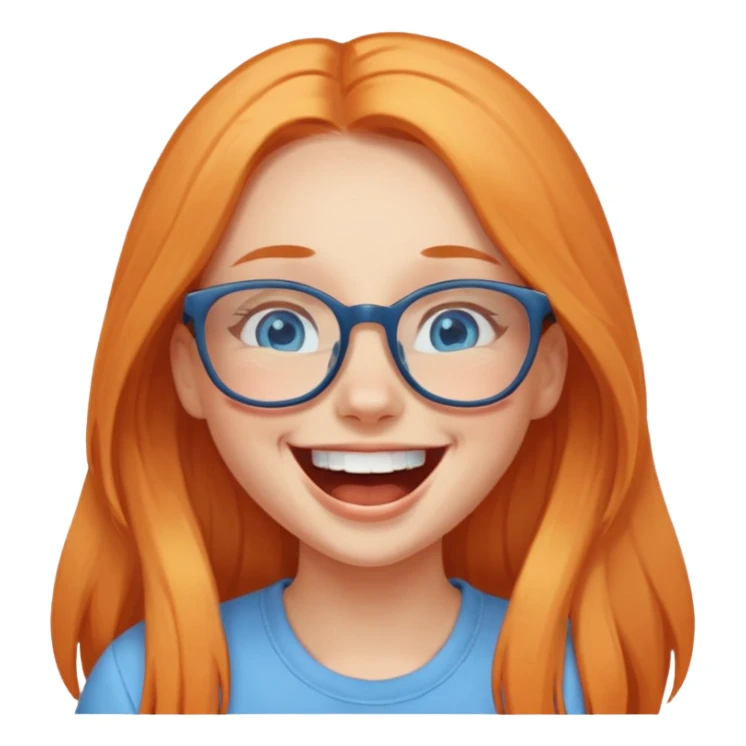 a girl with blue eyes, glasses and light orange long hair laughing sticker