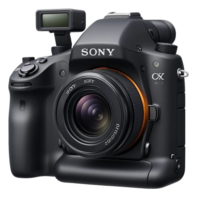 Minimal camera with 'Sony' text on the body, simple DSLR shape with small lens and Sony logo clearly visible sticker