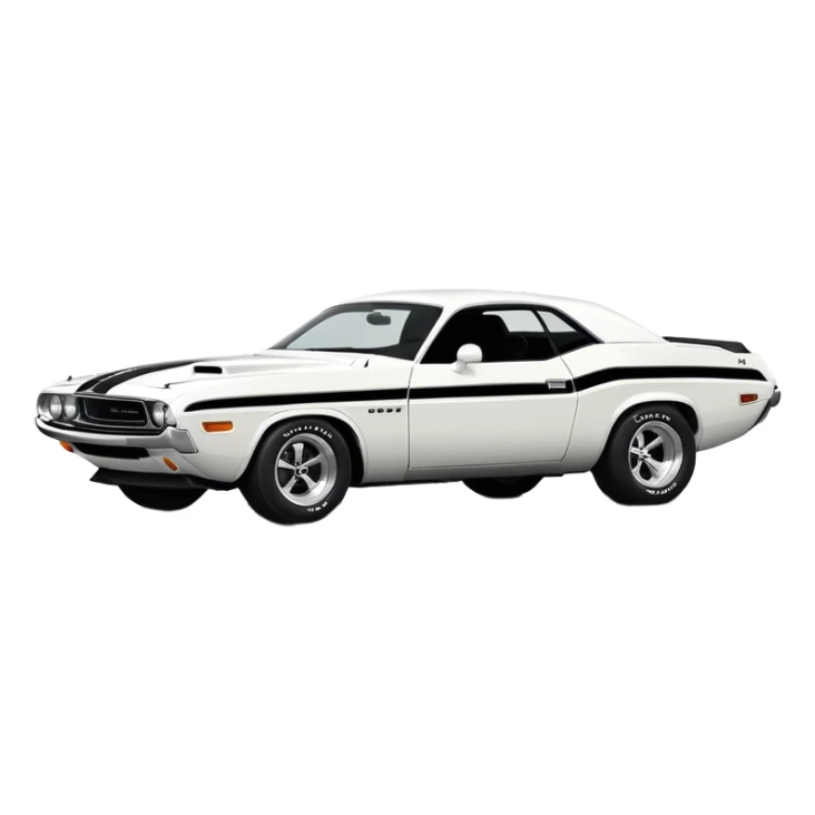 Minimalist white 1971 Dodge Challenger muscle car, side view, iconic white paint job, black stripe on the side, classic American muscle car from the movie Death Proof sticker