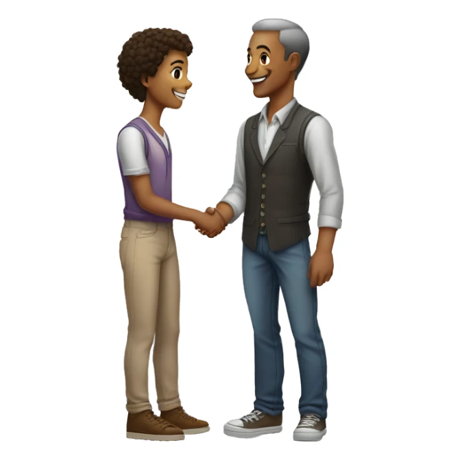 an old restaurant owner and young blogger in youth clothes, shaking hands, both with light skin, in great detail, in full height sticker