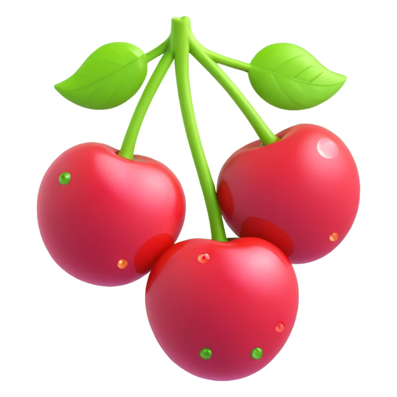 two cherries with green leaves connected by stems, sparkle effect, pink circles in the background, depth, shading, glossy finish, 3D iOS emoji style sticker