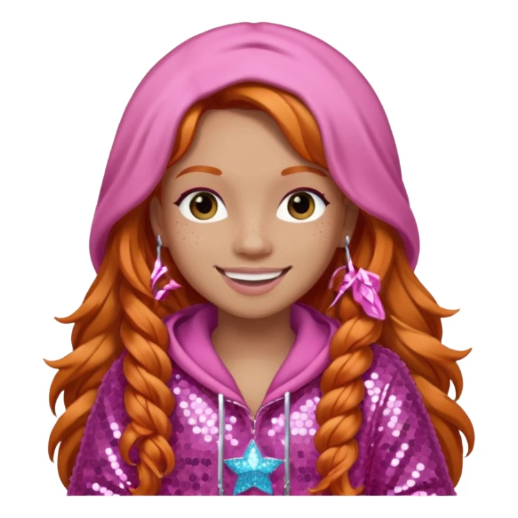Ice Spice, Rapper (b.2000) with long ginger hair, pink sequin outfit sticker